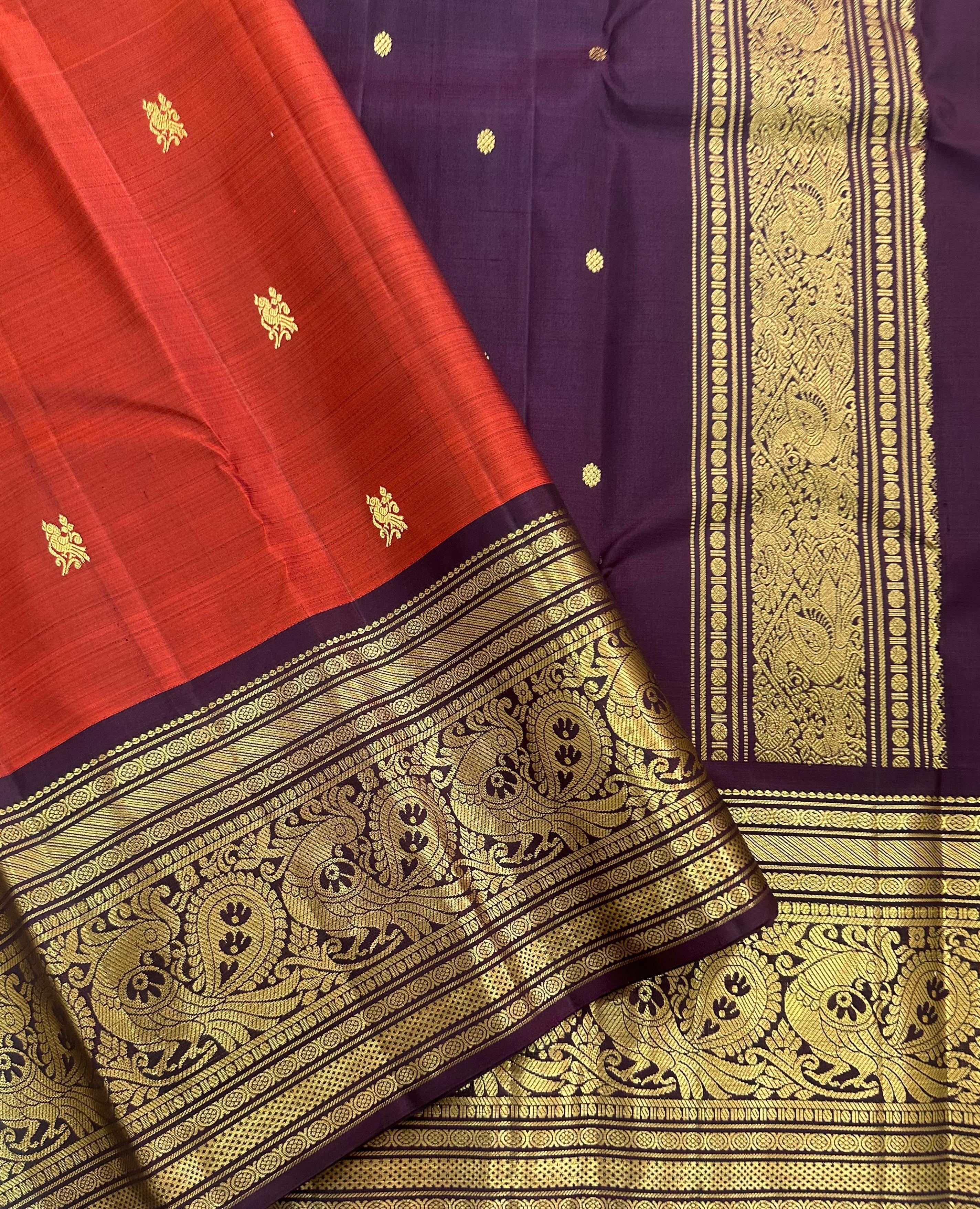 Classic Burnt Orange & Dark Espresso Brown 2gm Zari Kanchipuram Handloom Silk Saree SS26636