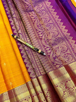 Load image into Gallery viewer, Classic Golden Yellow &amp; Plum Elegance Kanchipuram Handloom Silk Saree SS27843
