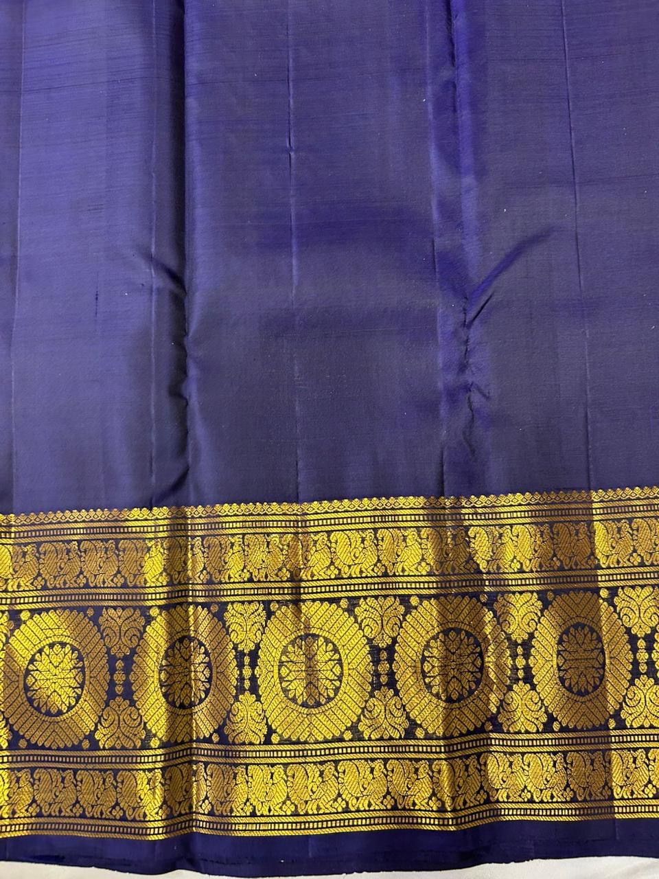 Classic Dual Red & Pink Navy Blue 2gm Zari Peacock & Rudraksha Designed Elegance Kanchipuram Handloom Silk Saree SS25384