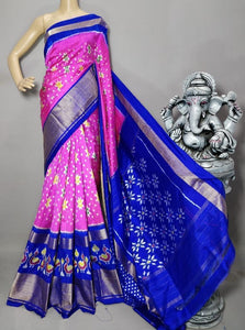 Classic Creamy Pink & Royal Blue Ikkat Elegance Handloom Soft Silk Saree SS23112