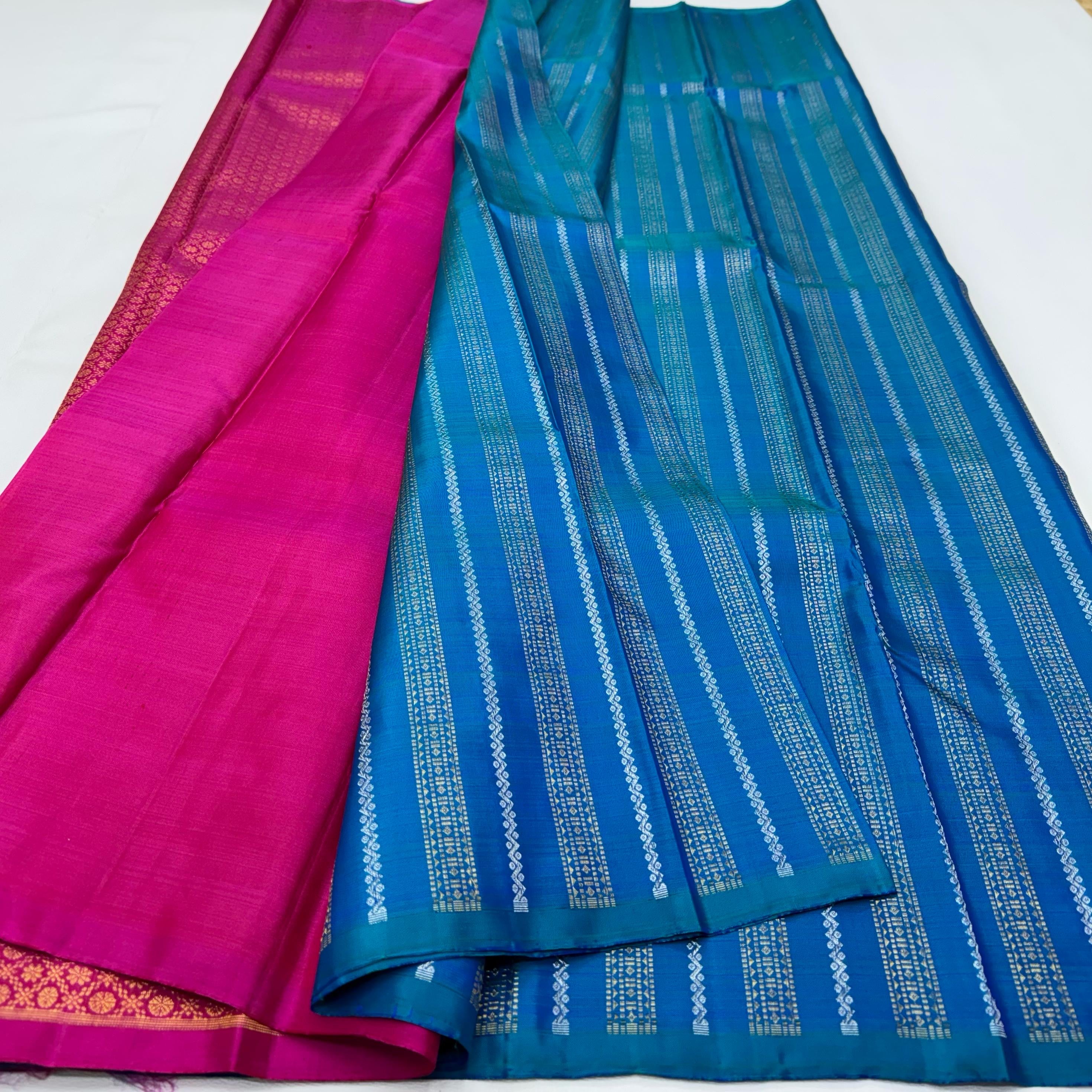 Classic Peacock Blue & Magenta 1gm Zari Elegance Kanchipuram Handloom Silk Saree SS24756