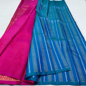 Classic Peacock Blue & Magenta 1gm Zari Elegance Kanchipuram Handloom Silk Saree SS24756