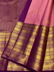 Classic Creamy Pink & Berry Plum 2gm Zari Vaira Oosi Checks Kanchipuram Handloom Silk Saree SS25899