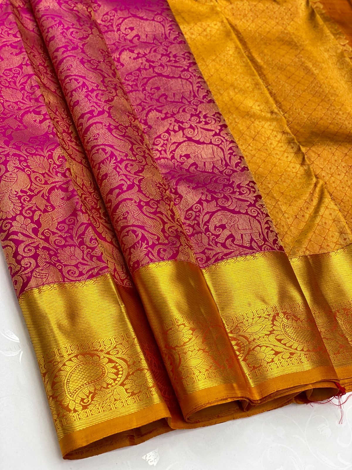 Classic Deep Pink & Mustard Yellow 2gm Zari Elegance Kanchipuram Handloom Silk Saree SS23792