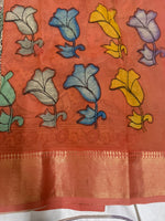 Load image into Gallery viewer, Classic Pen Kalamkari Floral Green Orange Elegance Banglore Silk Saree SS27823
