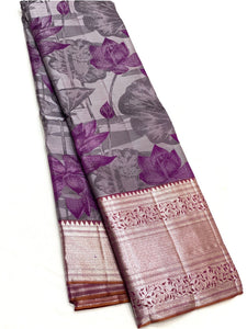 Classic Mauve Berry Plum Digital Floral Elegance Kanchipuram Handloom Silk Saree SS21251