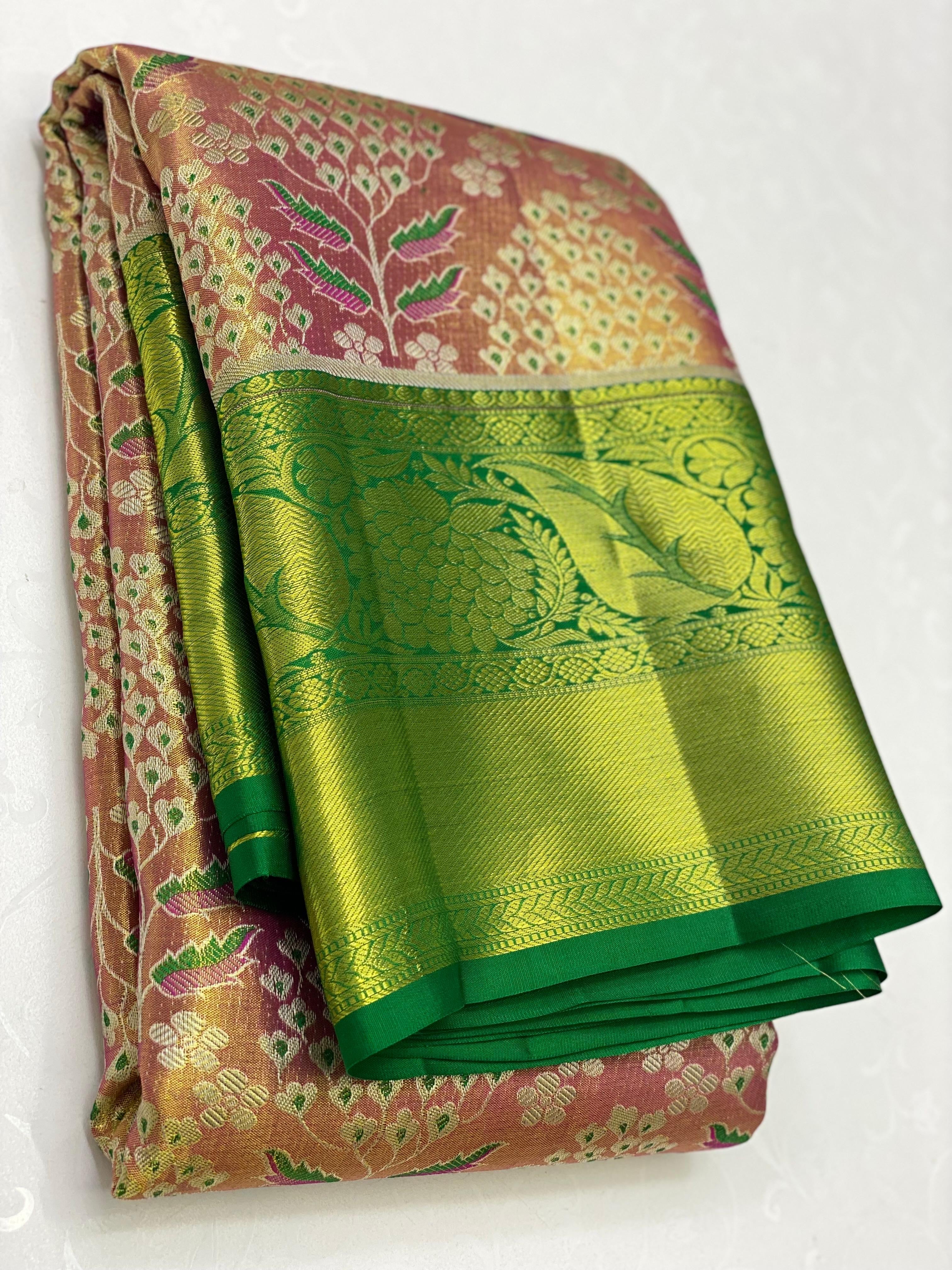 Classic Pastel Orange & Parrot Green 2gm Zari Elegance Kanchipuram Handloom Silk Saree SS24262