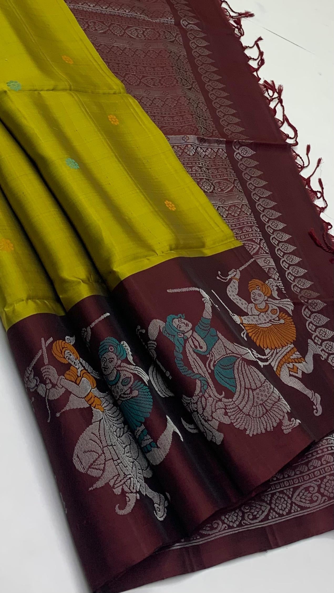 Classic Lime Green & Chocolate Brown Meena Work Turning Border Elegance Handloom Soft Silk Saree SS23459