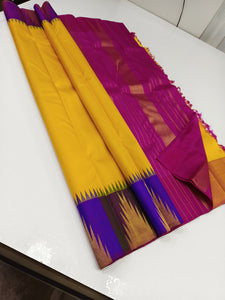 Classic Sunny Yellow & Fuchsia Pink 2gm Zari Korvai Temple Border Elegance Kanchipuram Handloom Silk Saree SS24371