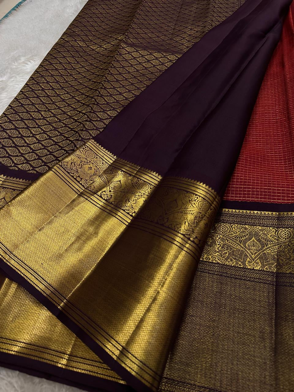 Classic Cherry Red & Dark Chocolate 2gm Zari Bridal Elegance Kanchipuram Handloom Silk Saree SS24477