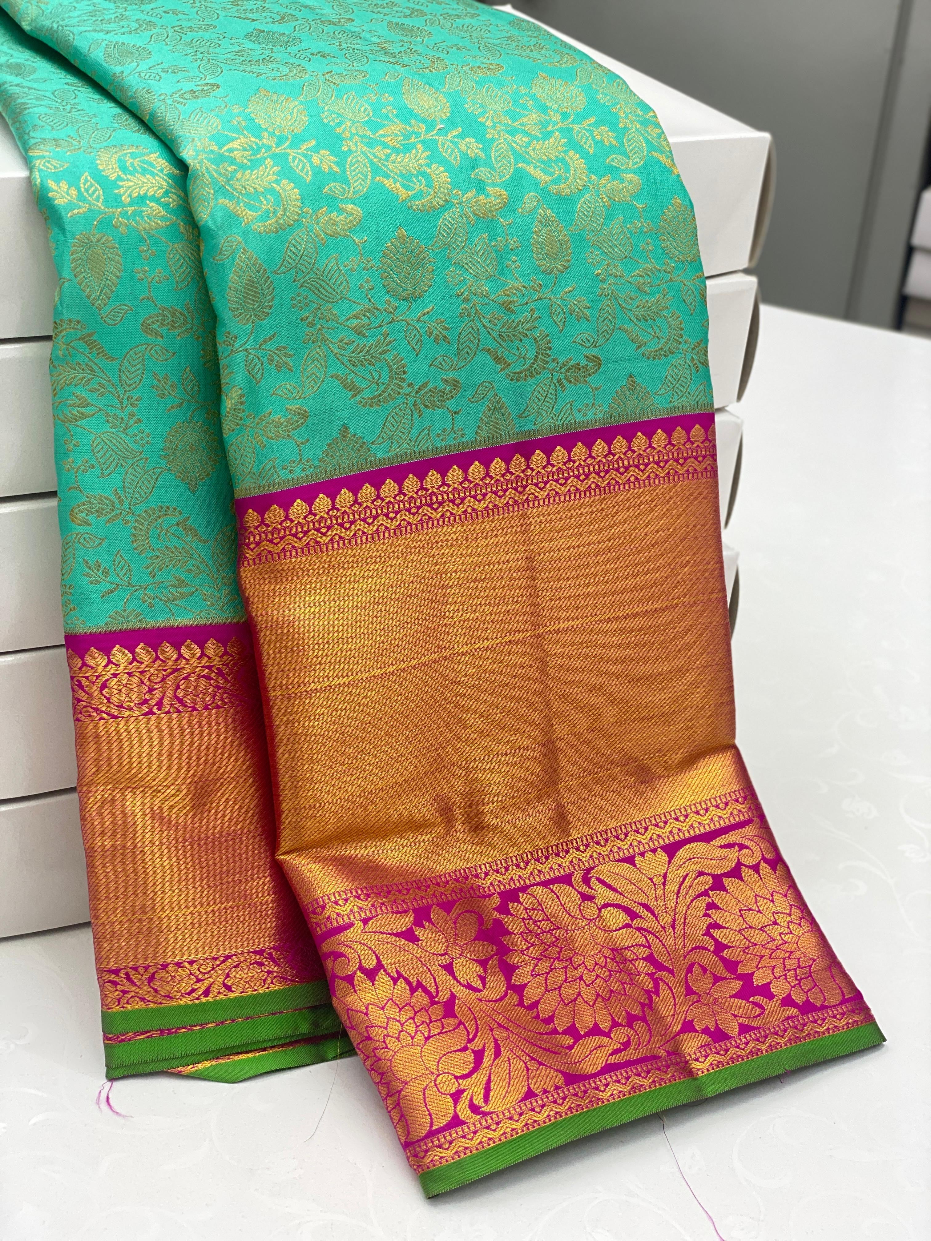 Classic Sea Green & Ruby Pink 2gm Zari Elegance Kanchipuram Handloom Silk Saree SS24263