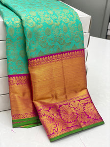 Classic Sea Green & Ruby Pink 2gm Zari Elegance Kanchipuram Handloom Silk Saree SS24263