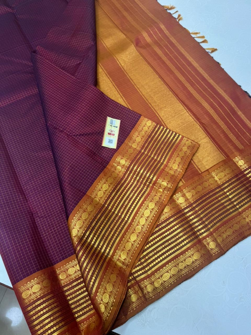 Classic Plum & Mustard Orange 2gm Zari Kanchipuram Handloom Silk Saree SS26454