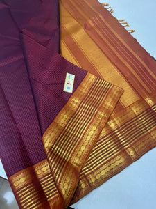 Classic Plum & Mustard Orange 2gm Zari Kanchipuram Handloom Silk Saree SS26454