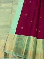 Load image into Gallery viewer, Classic Deep Berry Plum &amp; Neon Aqua Green 1gm Zari Elegance Kanchipuram Handloom Silk Saree SS28069
