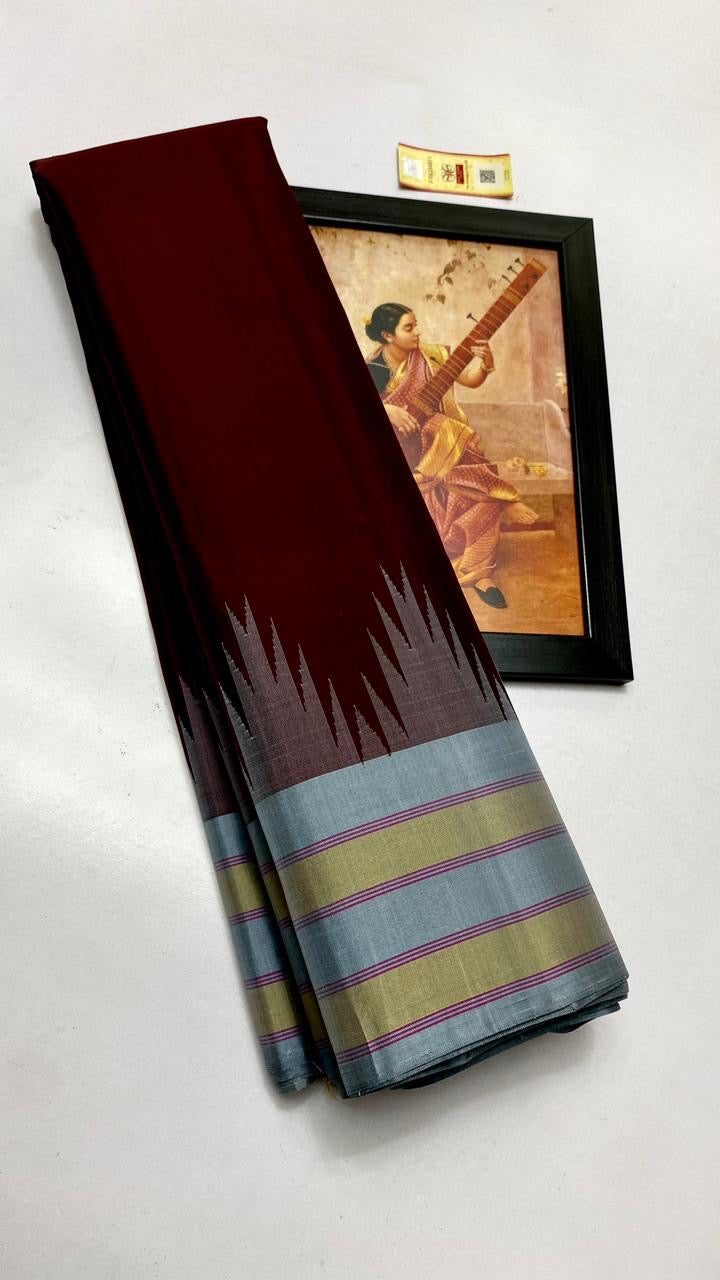 Classic Mahogany Red & Ash Grey Kanchipuram Handloom Silk Saree SS26261