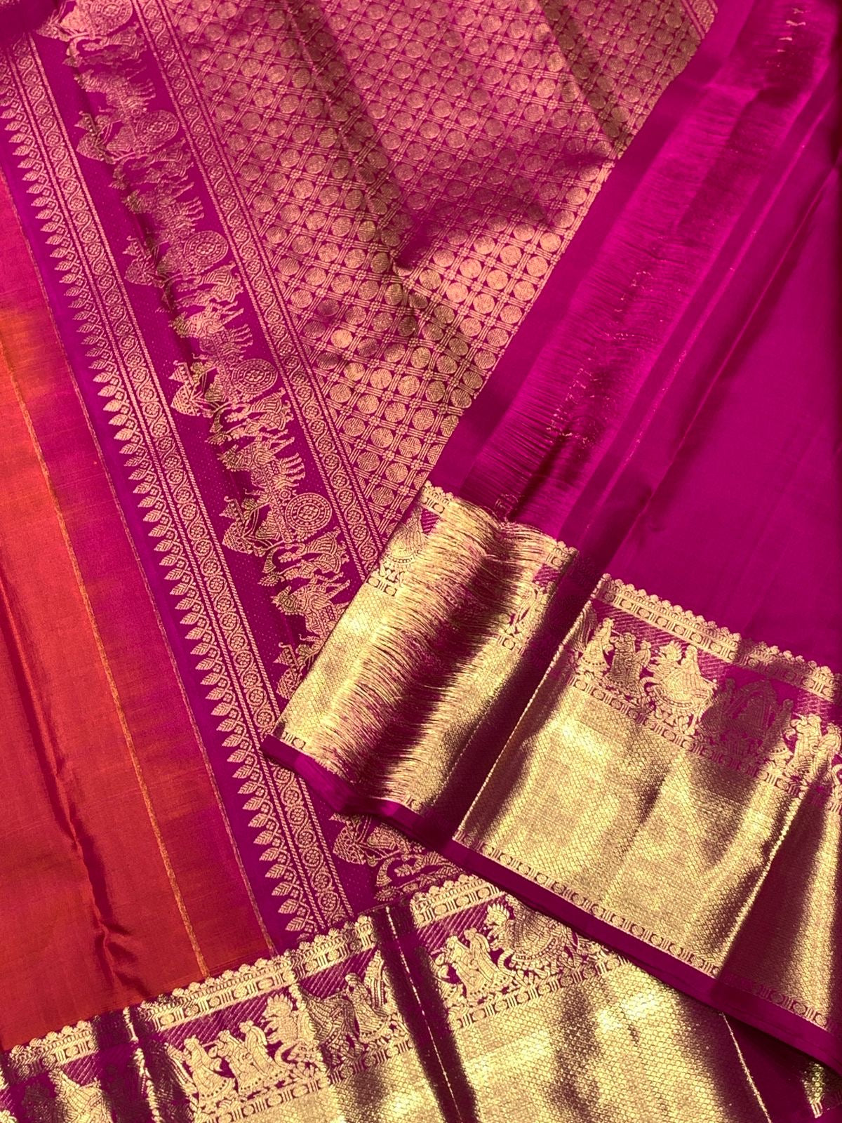Classic Orange Pink & Fuchsia Pink Elegance Kanchipuram Handloom Silk Saree SS25361