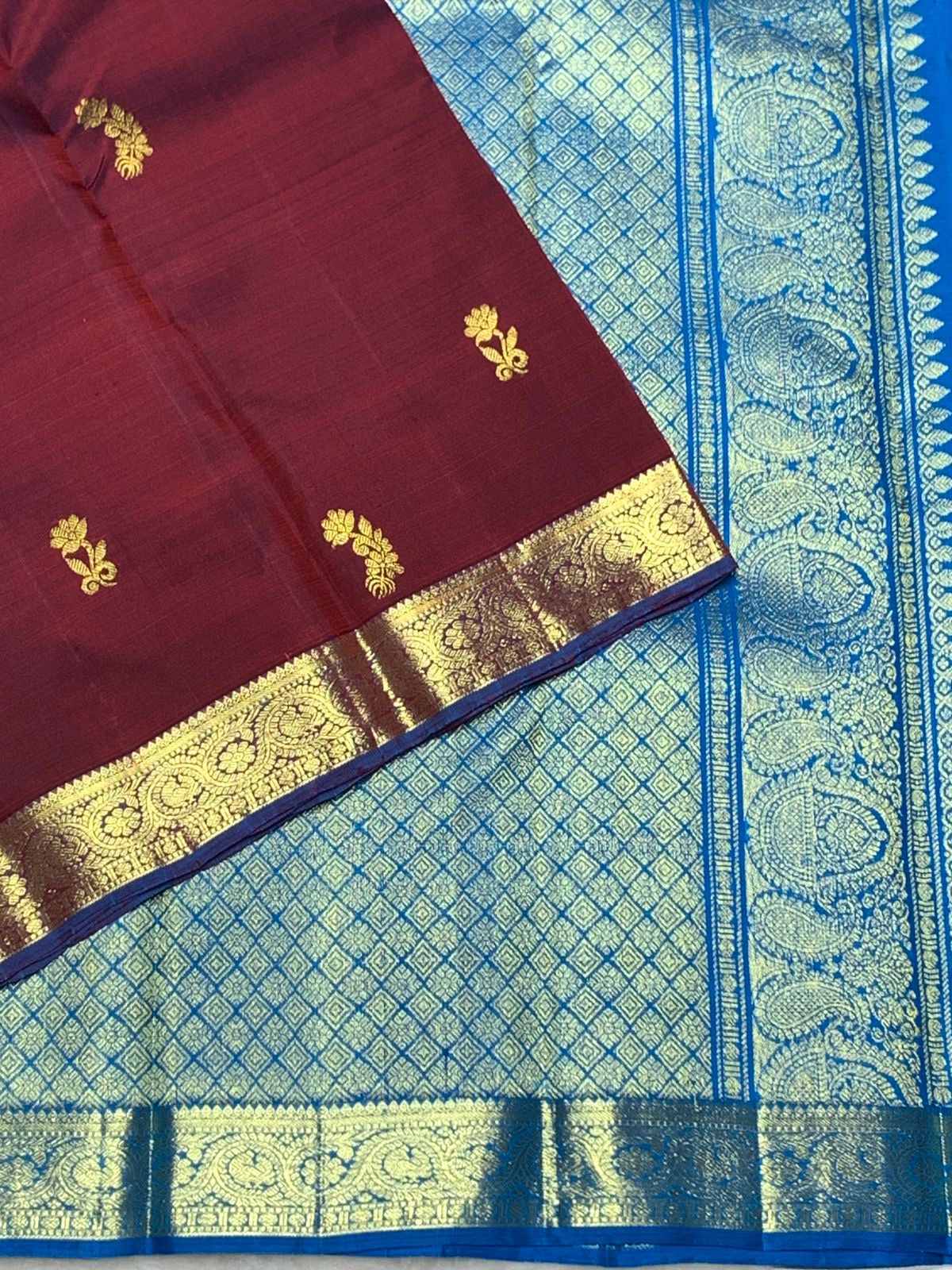 Classic Plum & Azure Blue 2gm Zari Kanchipuram Handloom Silk Saree SS25818