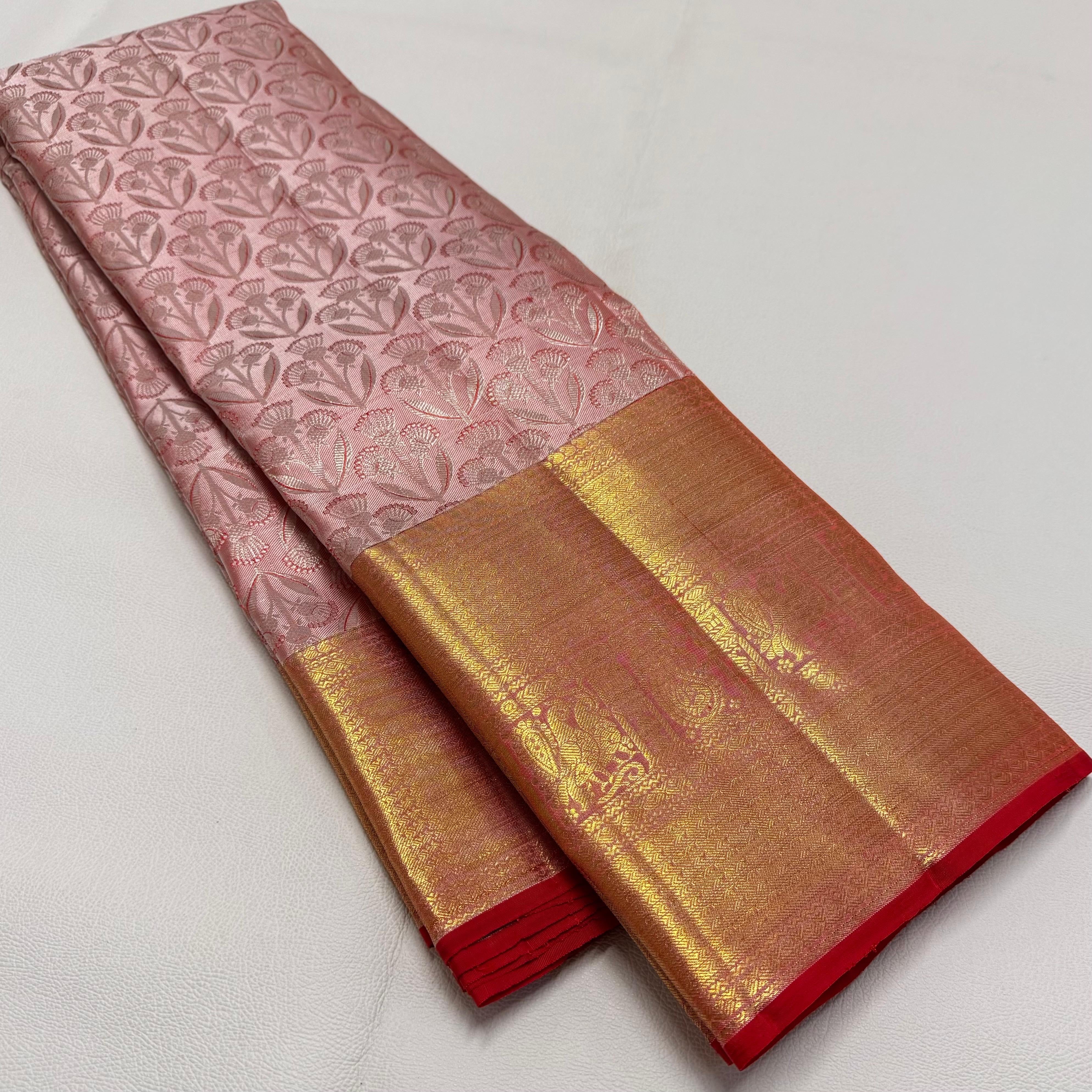 Classic Pastel Pink & Chilli Red Korvai Zari 1gm Zari Bridal Elegance Kanchipuram Handloom Silk Saree SS26057