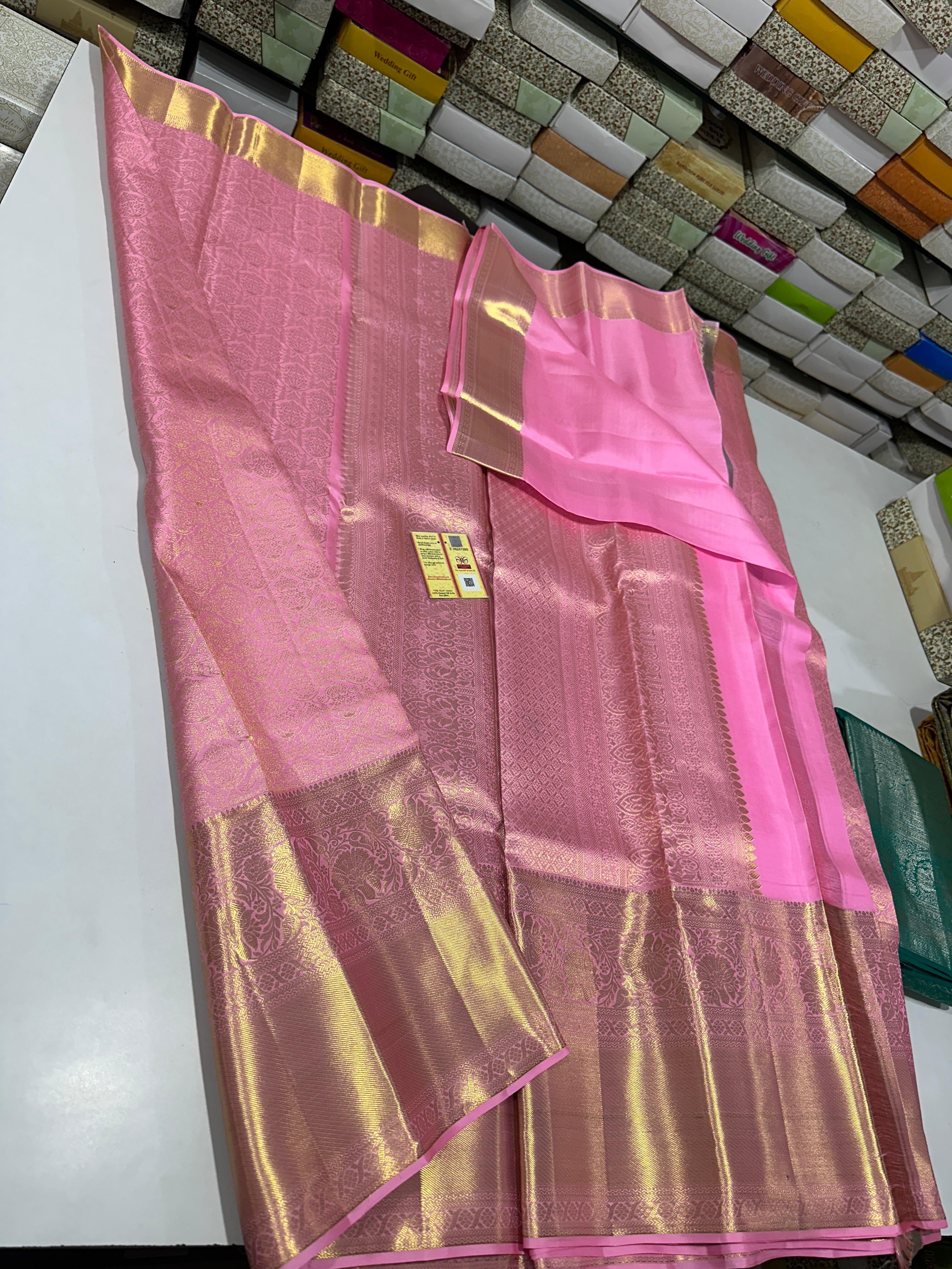 Classic Pink Brocade Bridal Elegance Kanchipuram Tissue Handloom Silk Saree SS23724