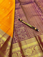 Load image into Gallery viewer, Classic Golden Yellow &amp; Plum Elegance Kanchipuram Handloom Silk Saree SS27843
