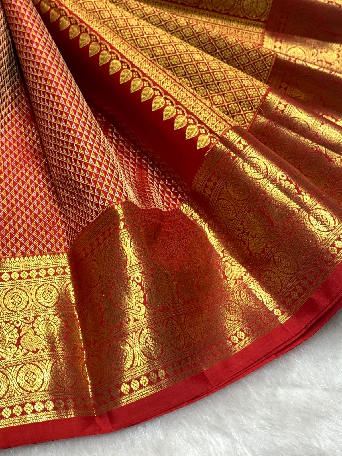Classic Dark Orange Red 2gm Zari Bridal Elegance Kanchipuram Handloom Silk Saree SS26494