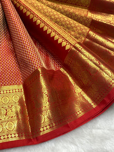 Classic Dark Orange Red 2gm Zari Bridal Elegance Kanchipuram Handloom Silk Saree SS26494
