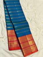 Load image into Gallery viewer, Classic Azure Blue &amp; Burnt Orange 2gm Zari Vaira Oosi Beldari Vintage Elegance Kanchipuram Handloom Silk Saree SS26988

