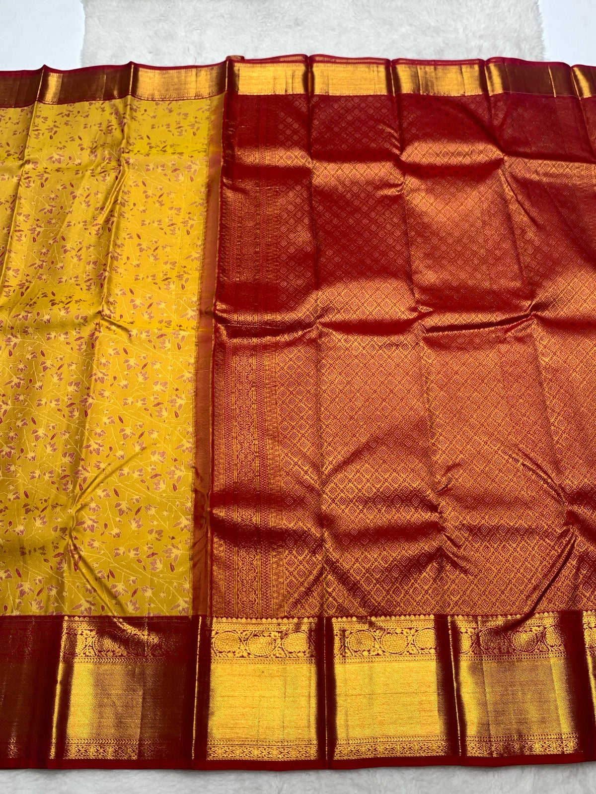 Classic Mustard & Red 2gm Zari Elegance Kanchipuram Handloom Silk Saree SS24786