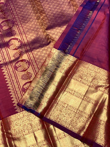 Classic Wine Pink & Onion Pink 2gm Zari Bridal Elegance Kanchipuram Handloom Silk Saree SS25445