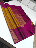 Load image into Gallery viewer, Classic Mustard &amp; Wine Red 2gm Zari Korvai Elegance Kanchipuram Handloom Silk Saree SS27106
