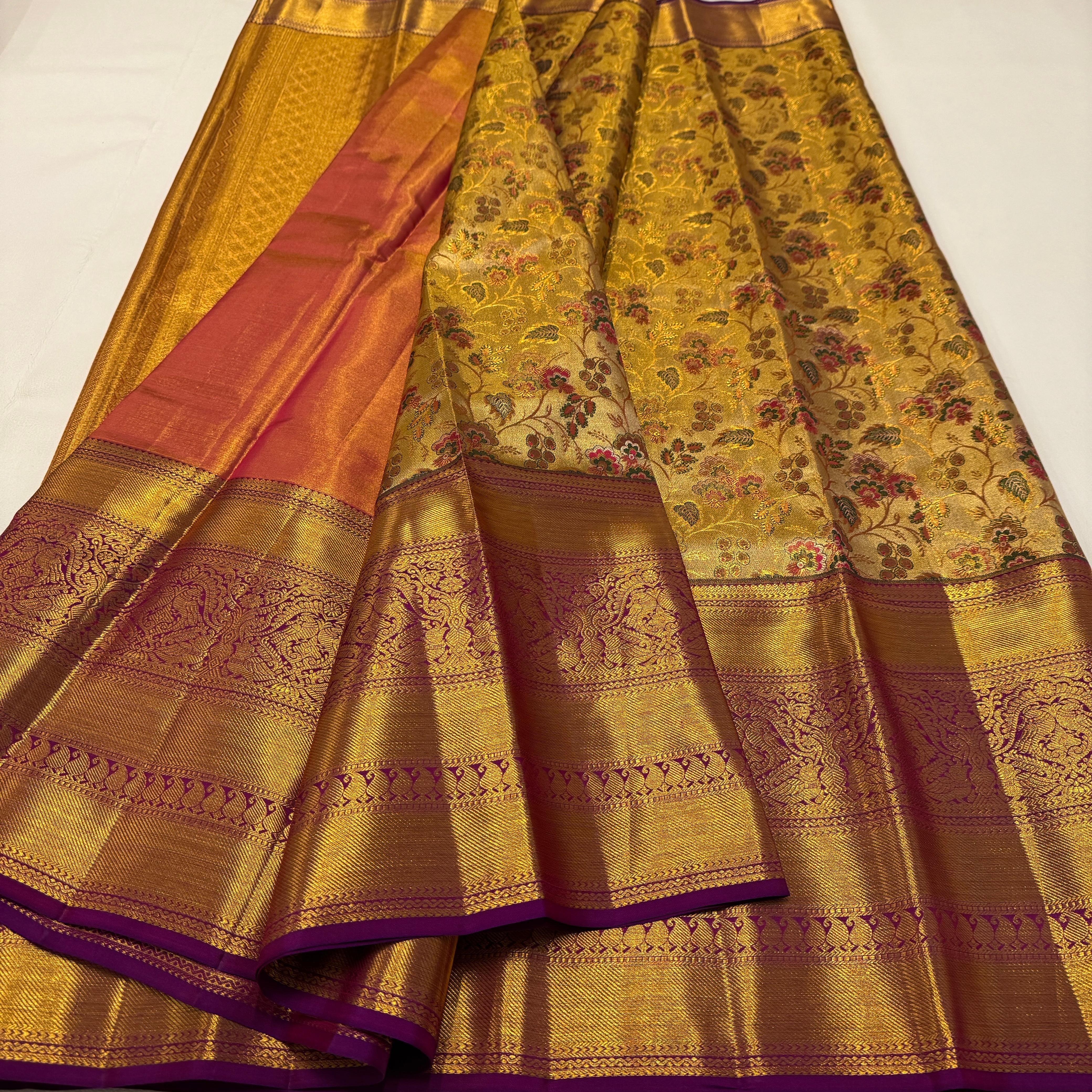 Classic Gold & Vadamalli Purple Korvai Border 1gm Zari Meena Floral Bridal Elegance Kanchipuram Tissue Handloom Silk Saree SS25353