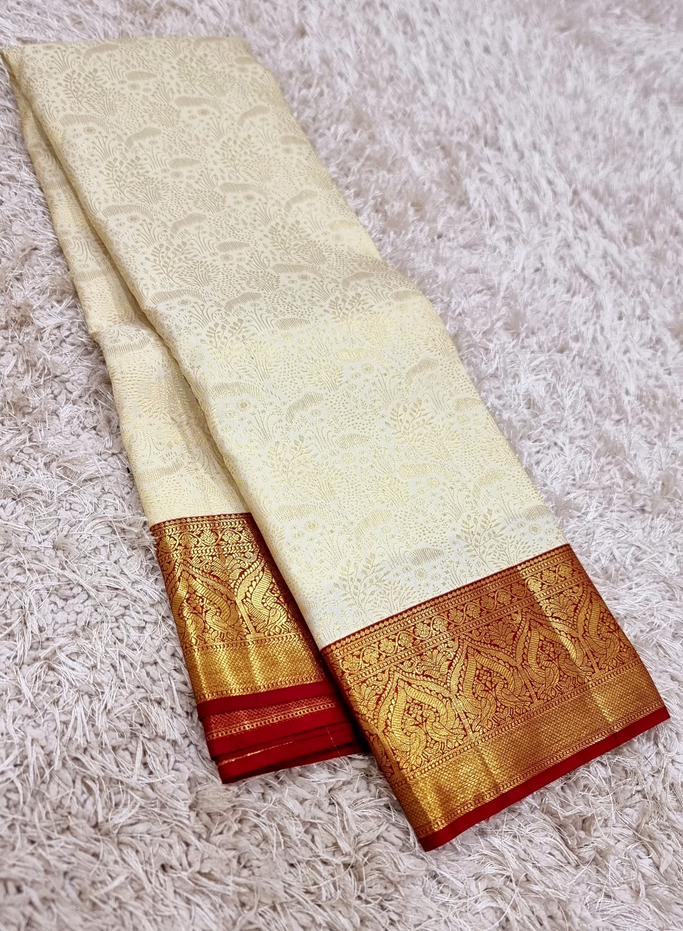 Classic Offwhite & Brick Red 2gm Zari Bridal Elegance Kanchipuram Handloom Silk Saree SS25553
