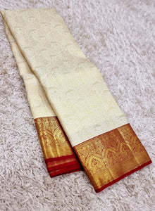 Classic Offwhite & Brick Red 2gm Zari Bridal Elegance Kanchipuram Handloom Silk Saree SS25553