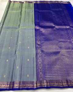 Classic Silver Grey Double Toned & Royal Blue 2gm Zari Kanchipuram Handloom Silk Saree SS26390