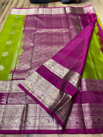 Load image into Gallery viewer, Classic Spring Green &amp; Berry Purple Elegance Kanchipuram Handloom Silk Saree SS28437
