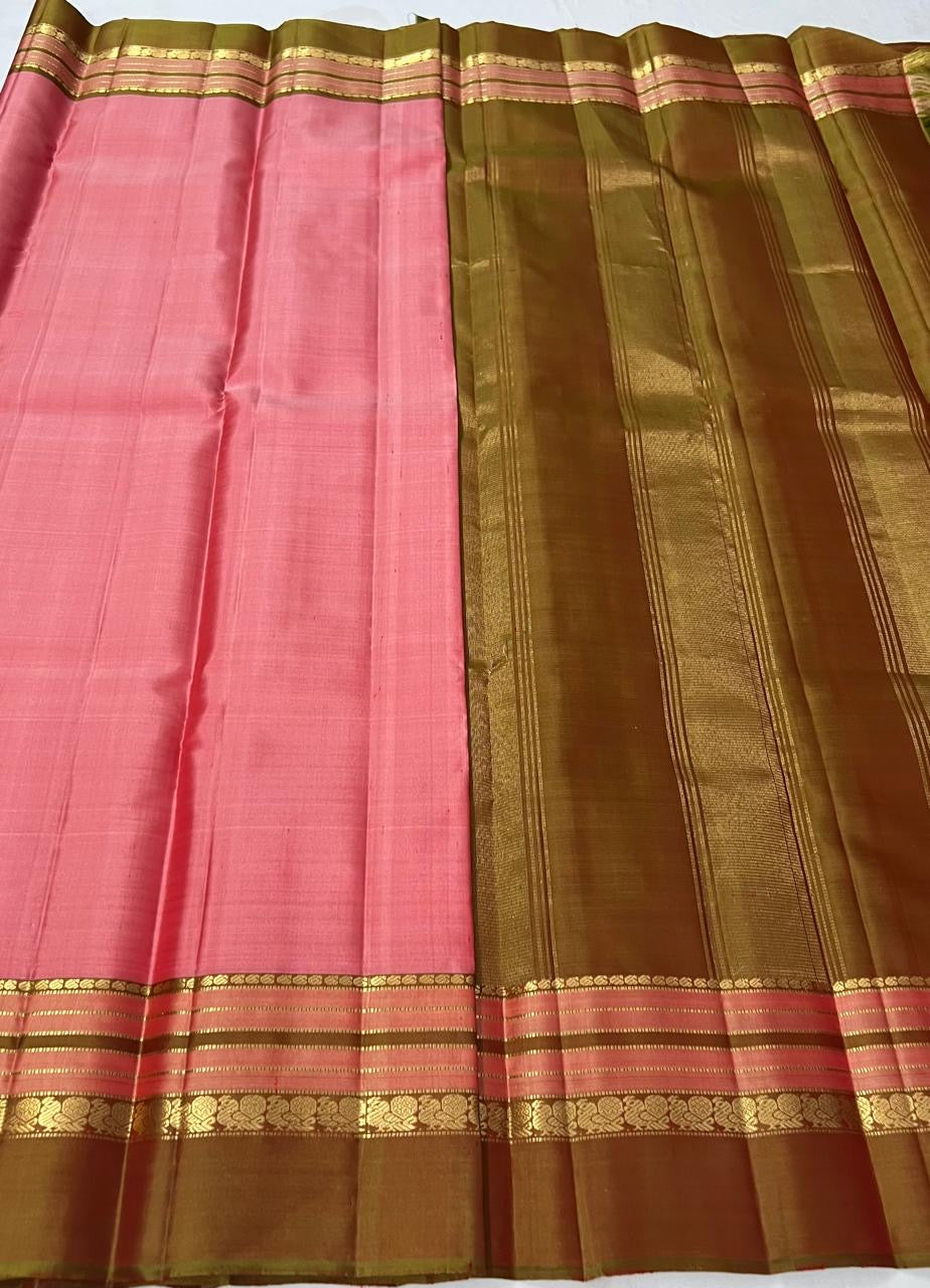 Classic Rose Pink & Mustard 2gm Zari Elegance Kanchipuram Handloom Silk Saree SS24771