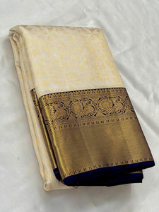 Classic Butter Cream & Navy Blue 2gm Zari Bridal Elegance Kanchipuram Handloom Silk Saree SS24132