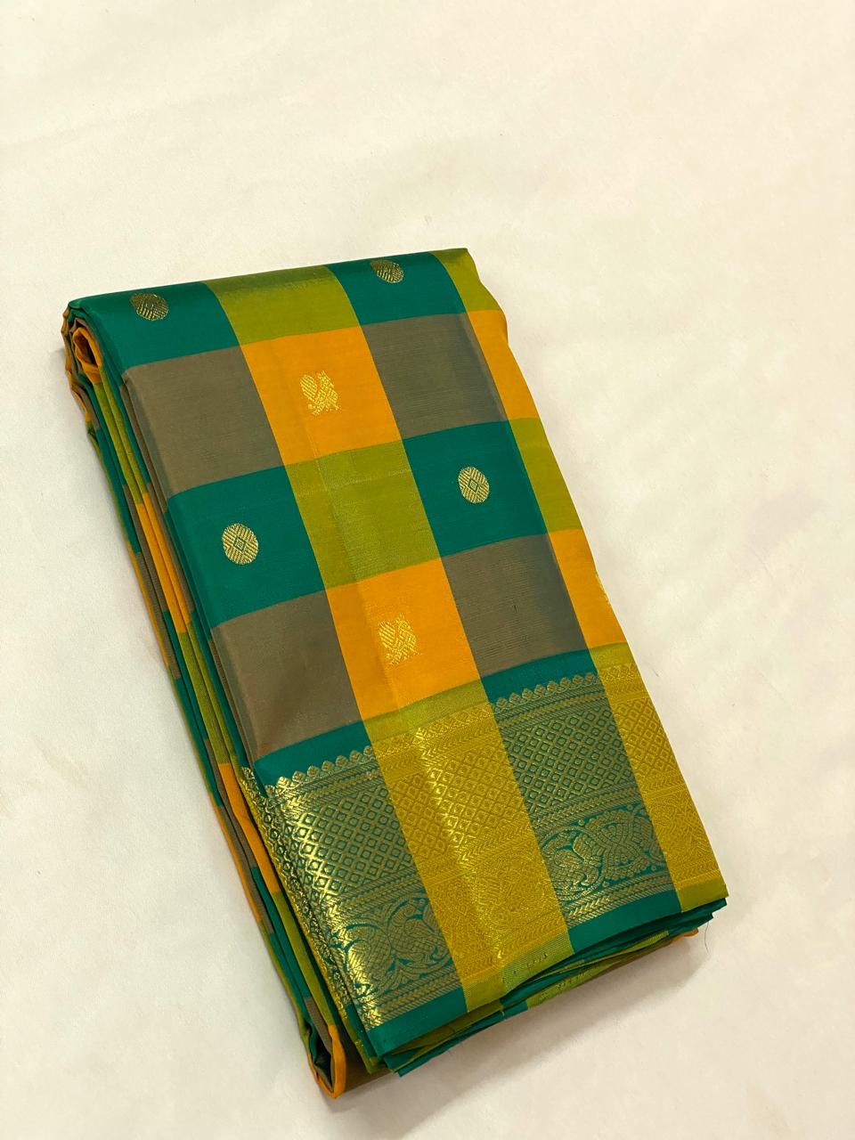Green & Mango Yellow Checks 2gm Zari Elegance Kanchipuram Handloom Silk Saree SS20558