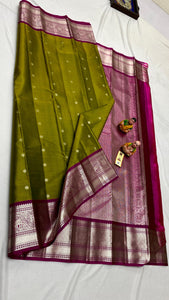 Classic Olive Green & Wine Red Korvai Border Elegance Kanchipuram Handloom Silk Saree SS24650