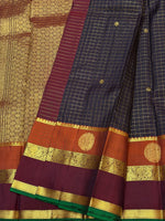 Load image into Gallery viewer, Classic Black &amp; Burnt Orange Garnet Red 2gm Zari Oosi Checks Elegance Kanchipuram Handloom Silk Saree SS27636
