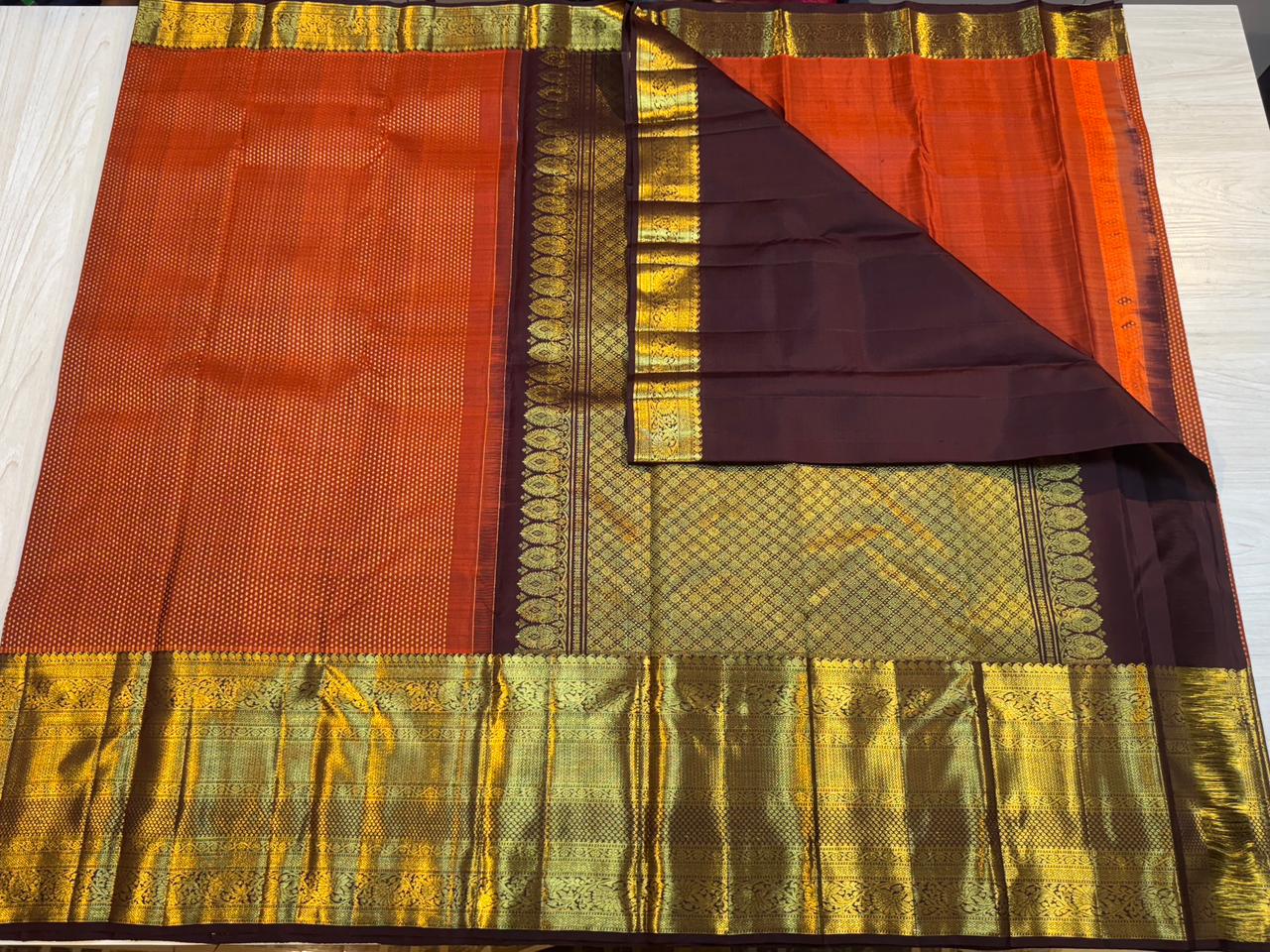 Classic Burnt Orange & Coffee Brown Kanchipuram Handloom Silk Saree SS26458