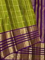 Load image into Gallery viewer, Classic Olive Green &amp; Violet 2gm Zari Vaira Oosi Checks Elegance Kanchipuram Handloom Silk Saree SS27602
