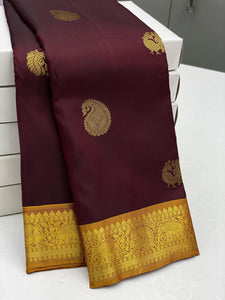 Classic Coffee Brown & Yellow 2gm Zari Elegance Kanchipuram Handloom Silk Saree SS23754