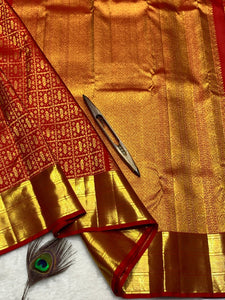 Classic Vermillion Red 2gm Zari Bridal Elegance Kanchipuram Handloom Silk Saree SS22875