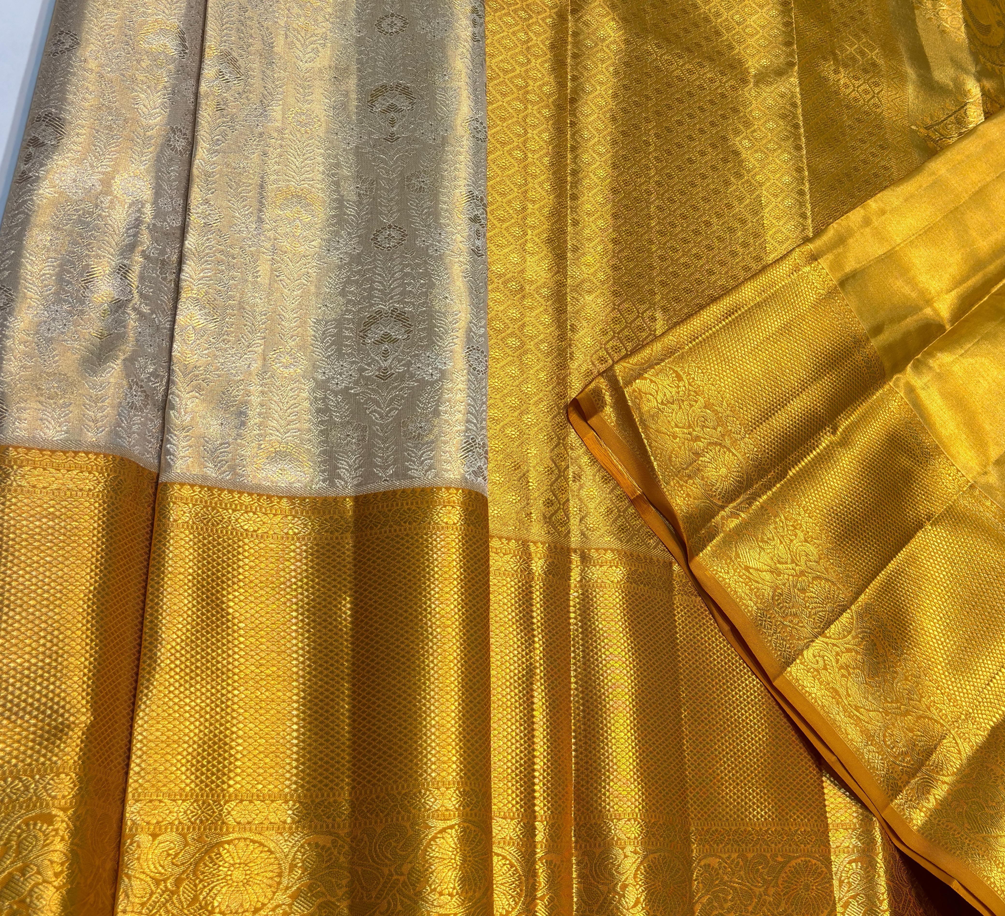 Classic Shimmer Pearl & Yellow Bridal Elegance Kanchipuram Tissue Handloom Silk Saree SS24181