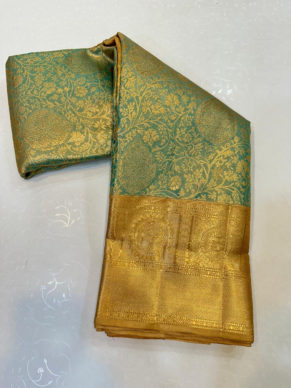 Classic Light Green & Golden Mustard Bridal Elegance Kanchipuram Tissue Handloom Silk Saree SS25274