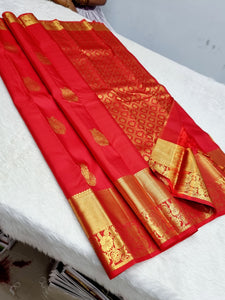 Classic Blood Red Dual Toned & Scarlet Red 1gm Zari Elegance Kanchipuram Handloom Silk Saree SS24339