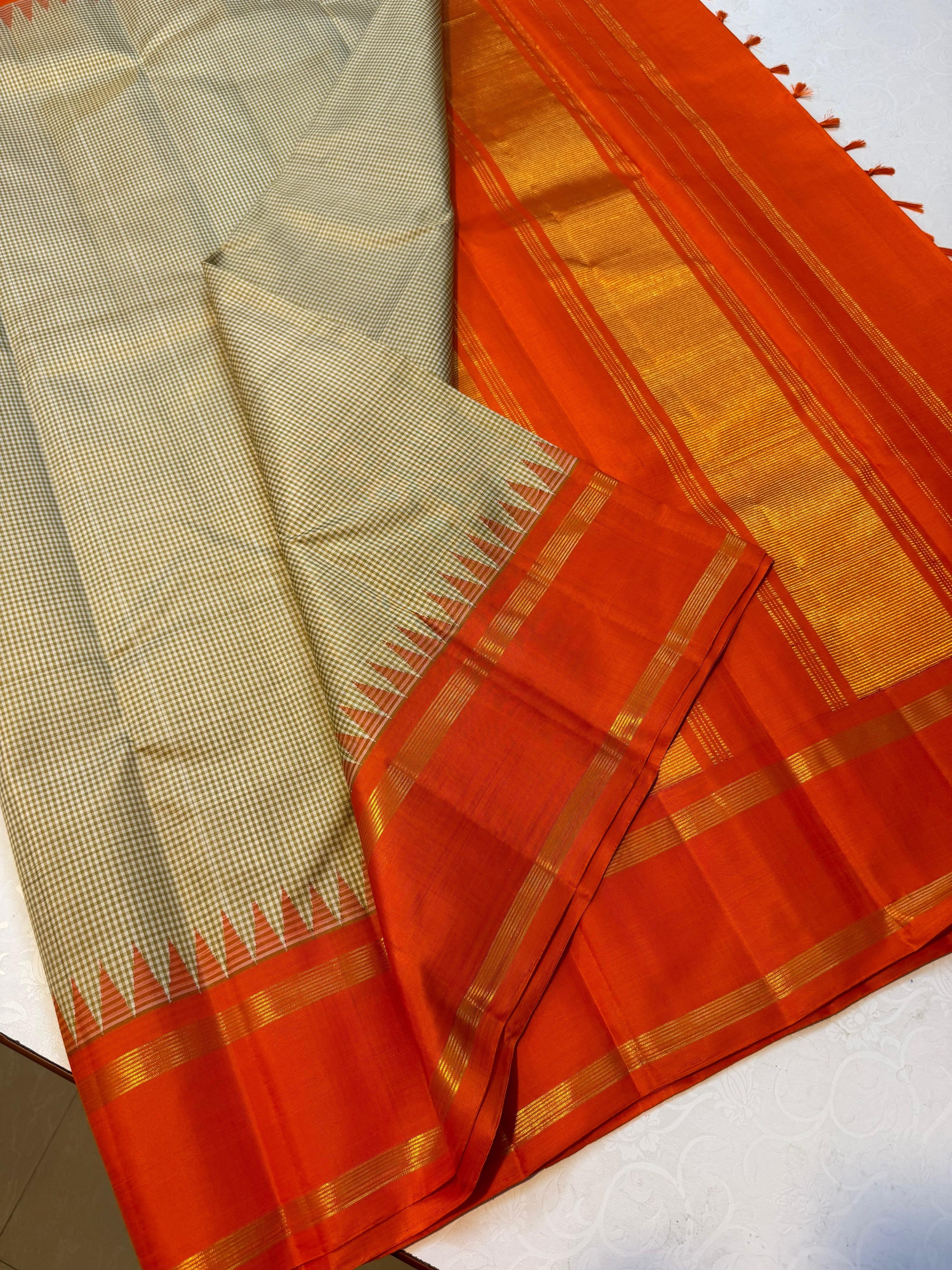 Classic Cream Checker & Orange 2gm Zari Elegance Kanchipuram Handloom Silk Saree SS24719