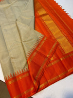 Load image into Gallery viewer, Classic Cream Checker &amp; Orange 2gm Zari Elegance Kanchipuram Handloom Silk Saree SS24719
